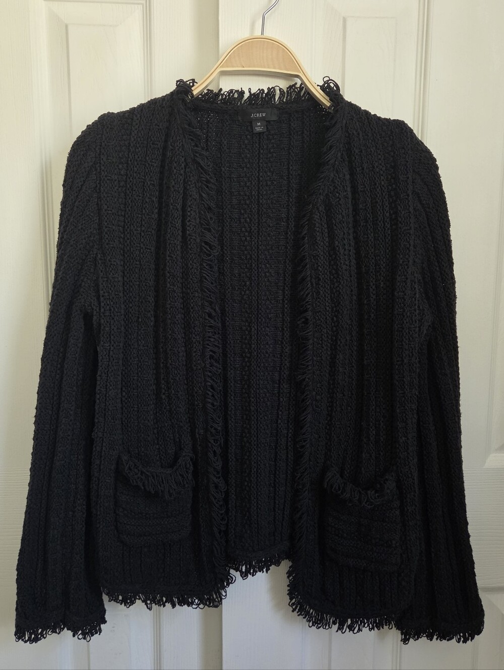 J. Crew Black Fringe Open Front Cardigan Sweater, Pockets, Coastal, Medium